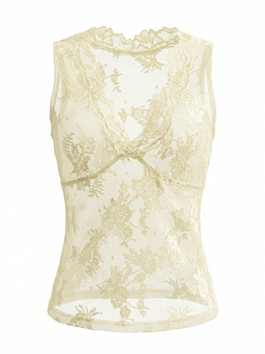 Franclia women's black semi-sheer lace camisole featuring a deep V-neckline with contrast lace trim in a slim fit sleeveless design.