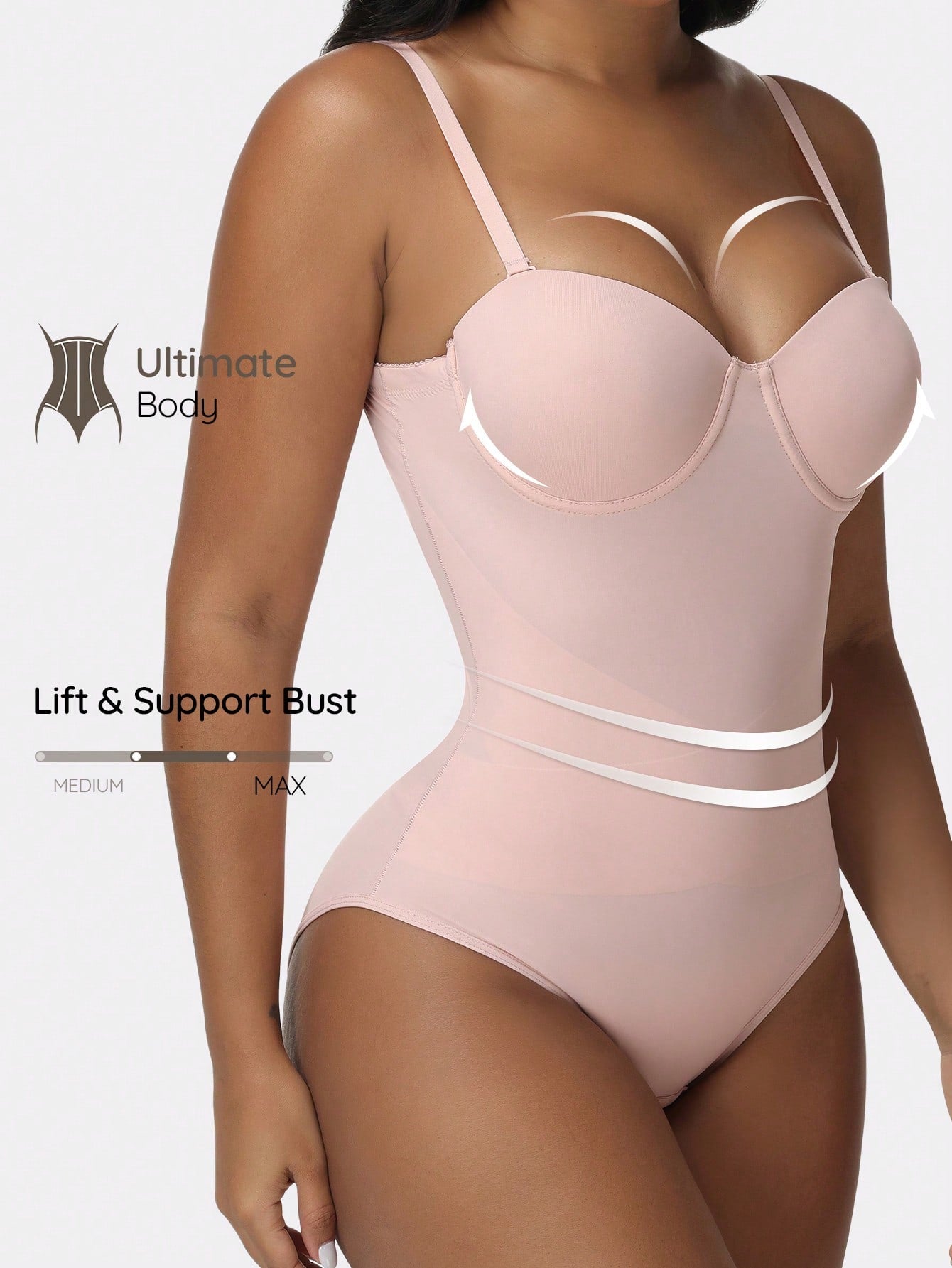 EasyFave women's apricot shapewear bodysuit jumpsuit with cup detail, long leg length, and knitted fabric.