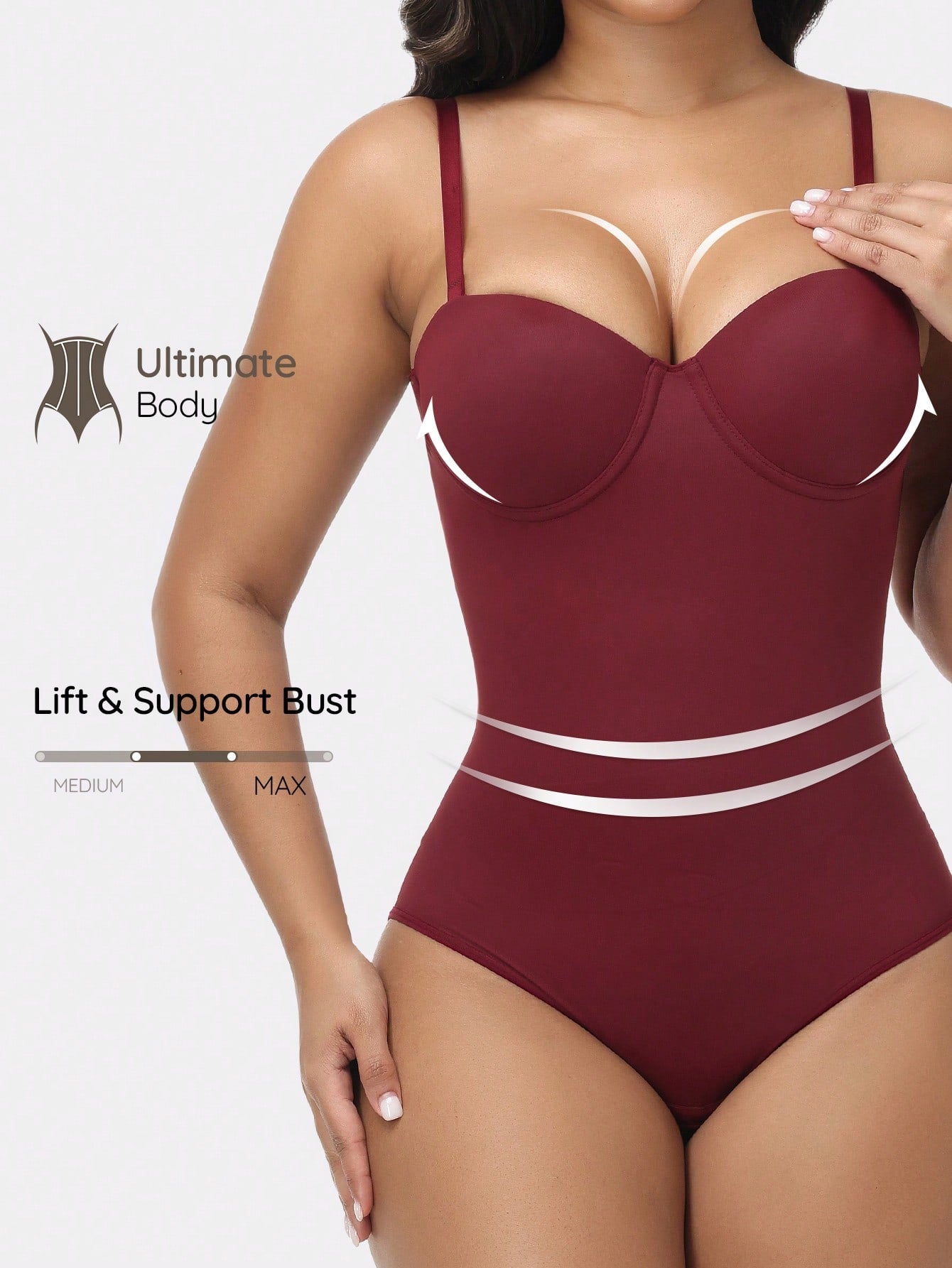 EasyFave women's apricot shapewear bodysuit jumpsuit with cup detail, long leg length, and knitted fabric.