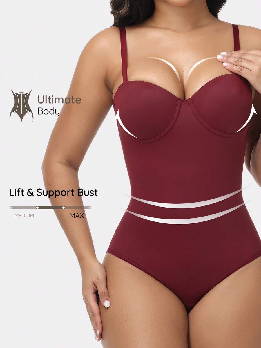 EasyFave women's apricot shapewear bodysuit jumpsuit with cup detail, long leg length, and knitted fabric.