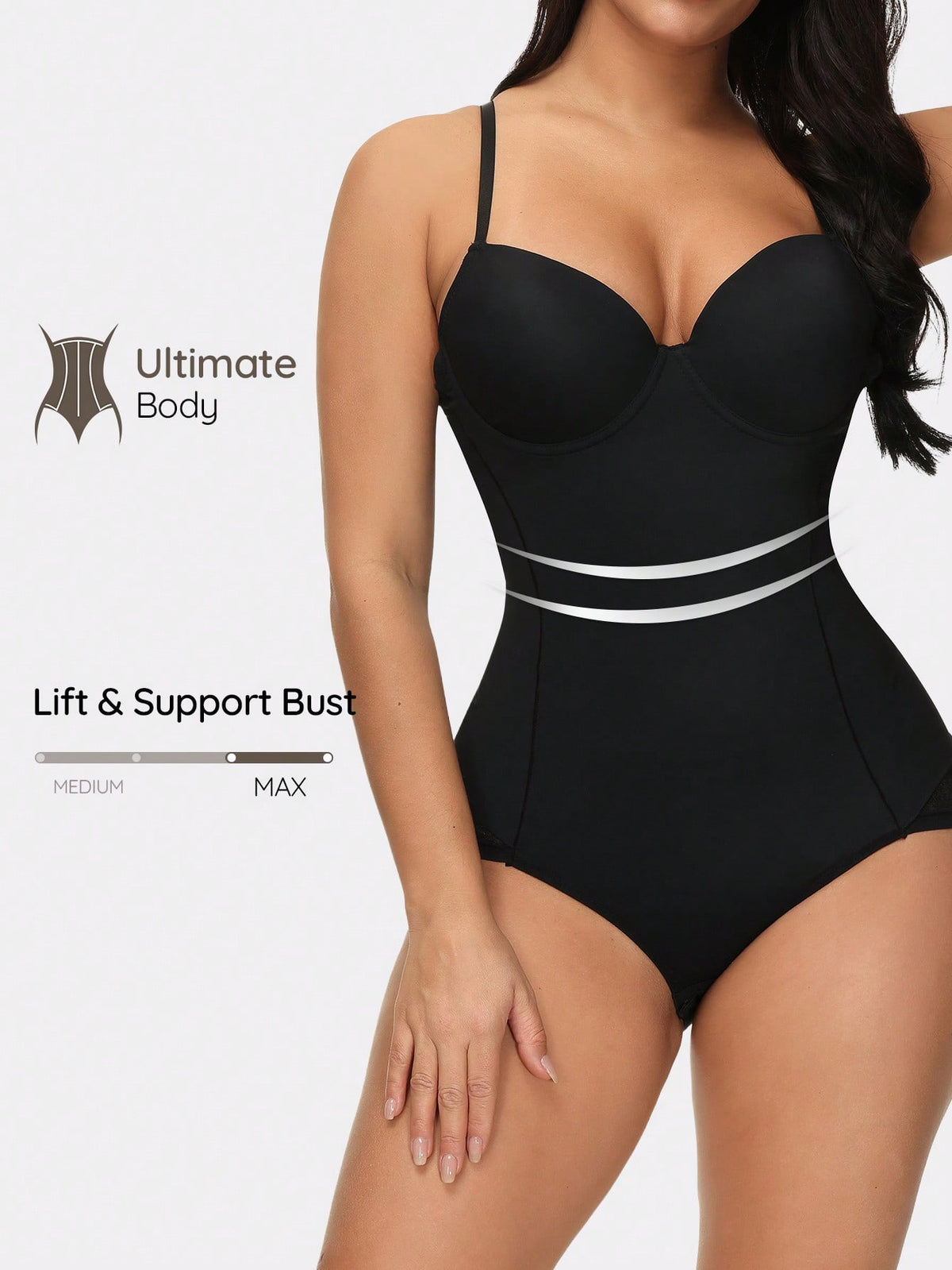 Apricot backless shapewear teddy bodysuit featuring contrast lace trim, non-removable padding, and underwire support.