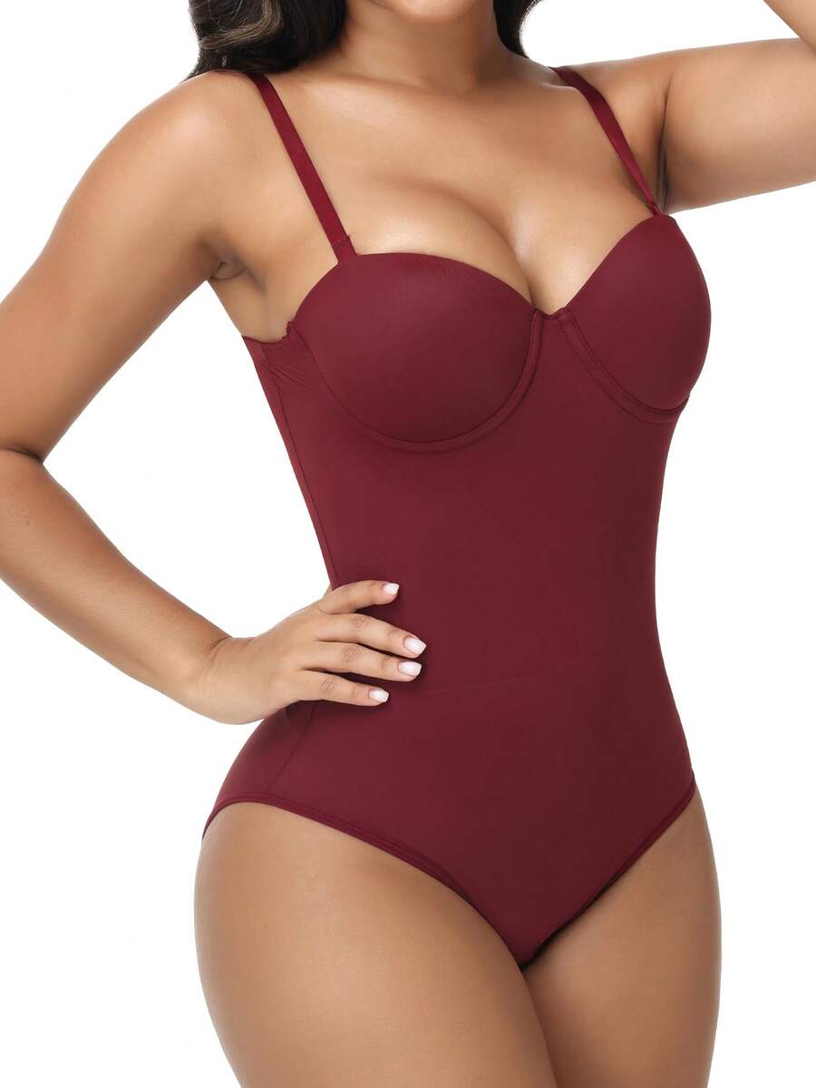 EasyFave women's apricot shapewear bodysuit jumpsuit with cup detail, long leg length, and knitted fabric.