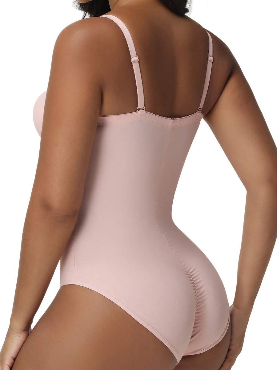 EasyFave women's apricot shapewear bodysuit jumpsuit with cup detail, long leg length, and knitted fabric.
