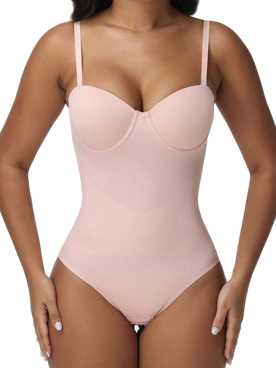 EasyFave women's apricot shapewear bodysuit jumpsuit with cup detail, long leg length, and knitted fabric.