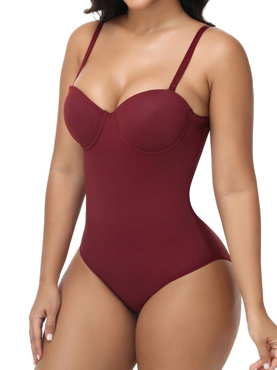 EasyFave women's apricot shapewear bodysuit jumpsuit with cup detail, long leg length, and knitted fabric.