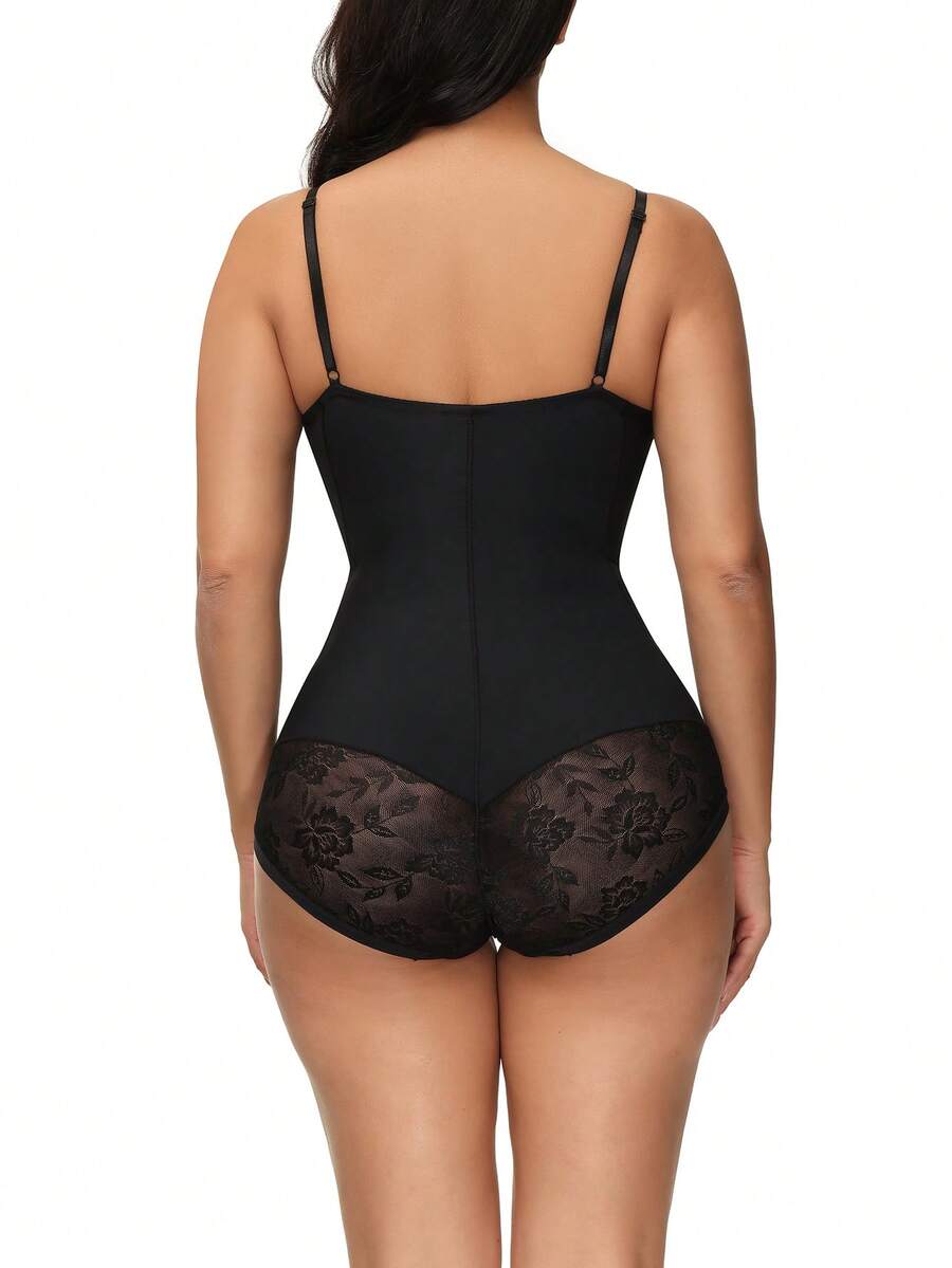 Apricot backless shapewear teddy bodysuit featuring contrast lace trim, non-removable padding, and underwire support.