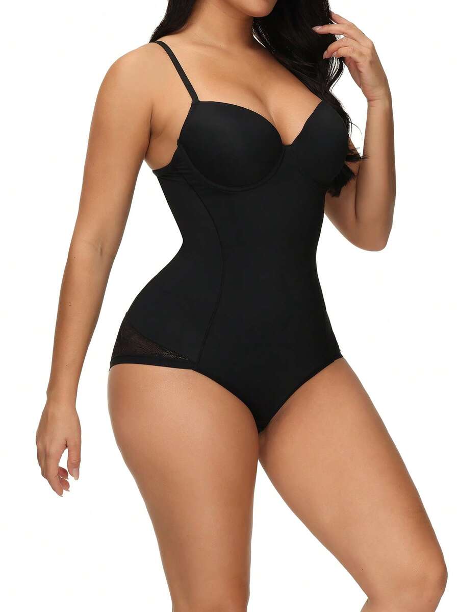 Apricot backless shapewear teddy bodysuit featuring contrast lace trim, non-removable padding, and underwire support.