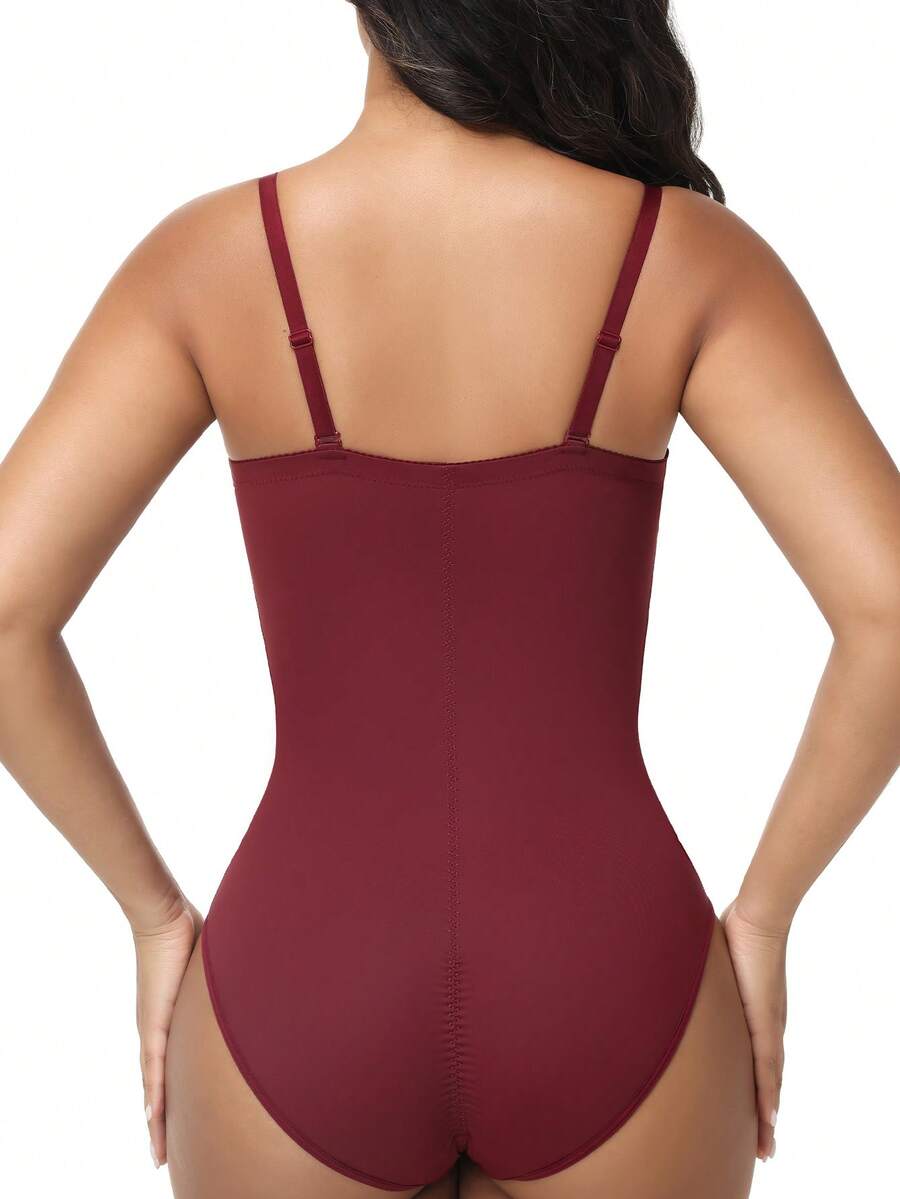 EasyFave women's apricot shapewear bodysuit jumpsuit with cup detail, long leg length, and knitted fabric.