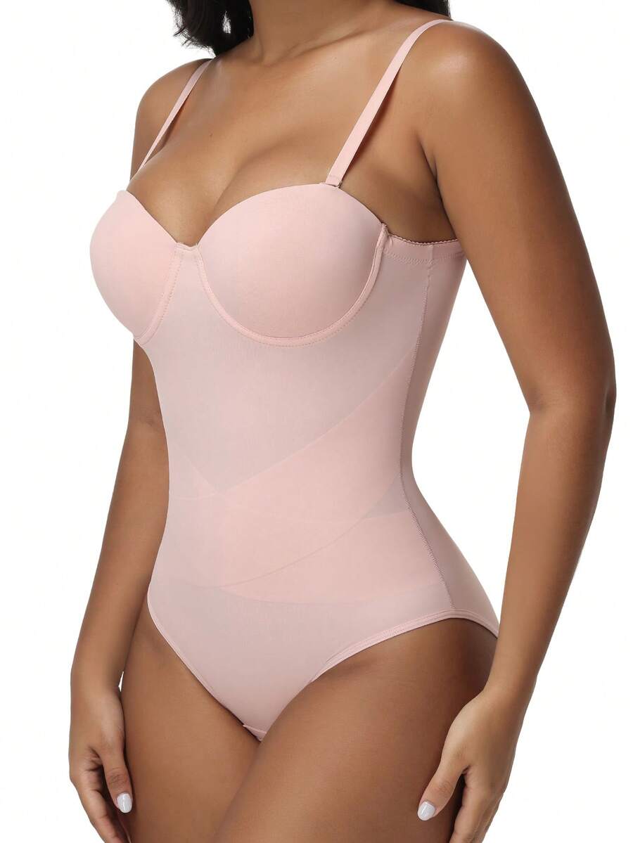 EasyFave women's apricot shapewear bodysuit jumpsuit with cup detail, long leg length, and knitted fabric.