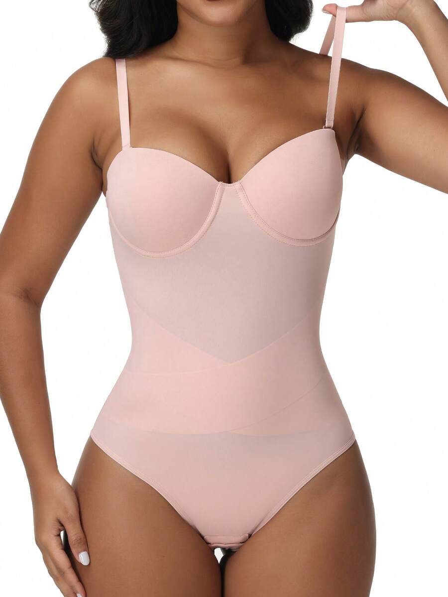 EasyFave women's apricot shapewear bodysuit jumpsuit with cup detail, long leg length, and knitted fabric.