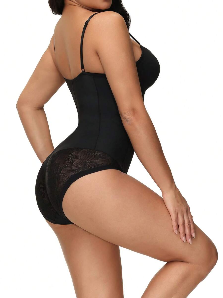 Apricot backless shapewear teddy bodysuit featuring contrast lace trim, non-removable padding, and underwire support.