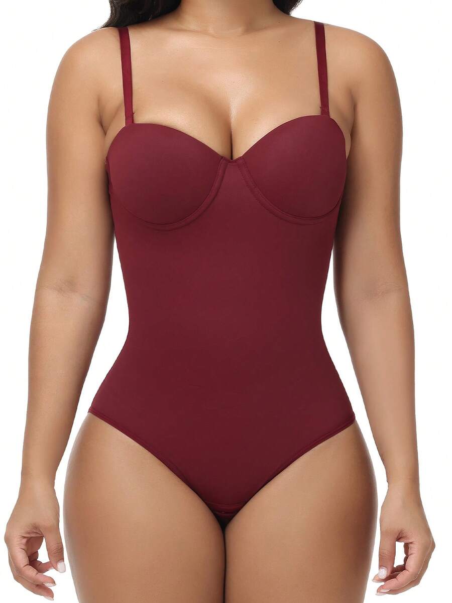 EasyFave women's apricot shapewear bodysuit jumpsuit with cup detail, long leg length, and knitted fabric.