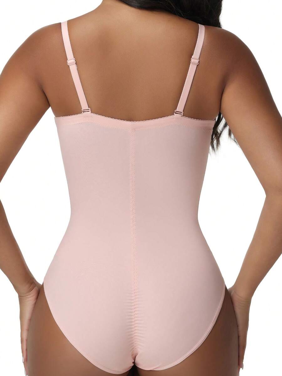 EasyFave women's apricot shapewear bodysuit jumpsuit with cup detail, long leg length, and knitted fabric.