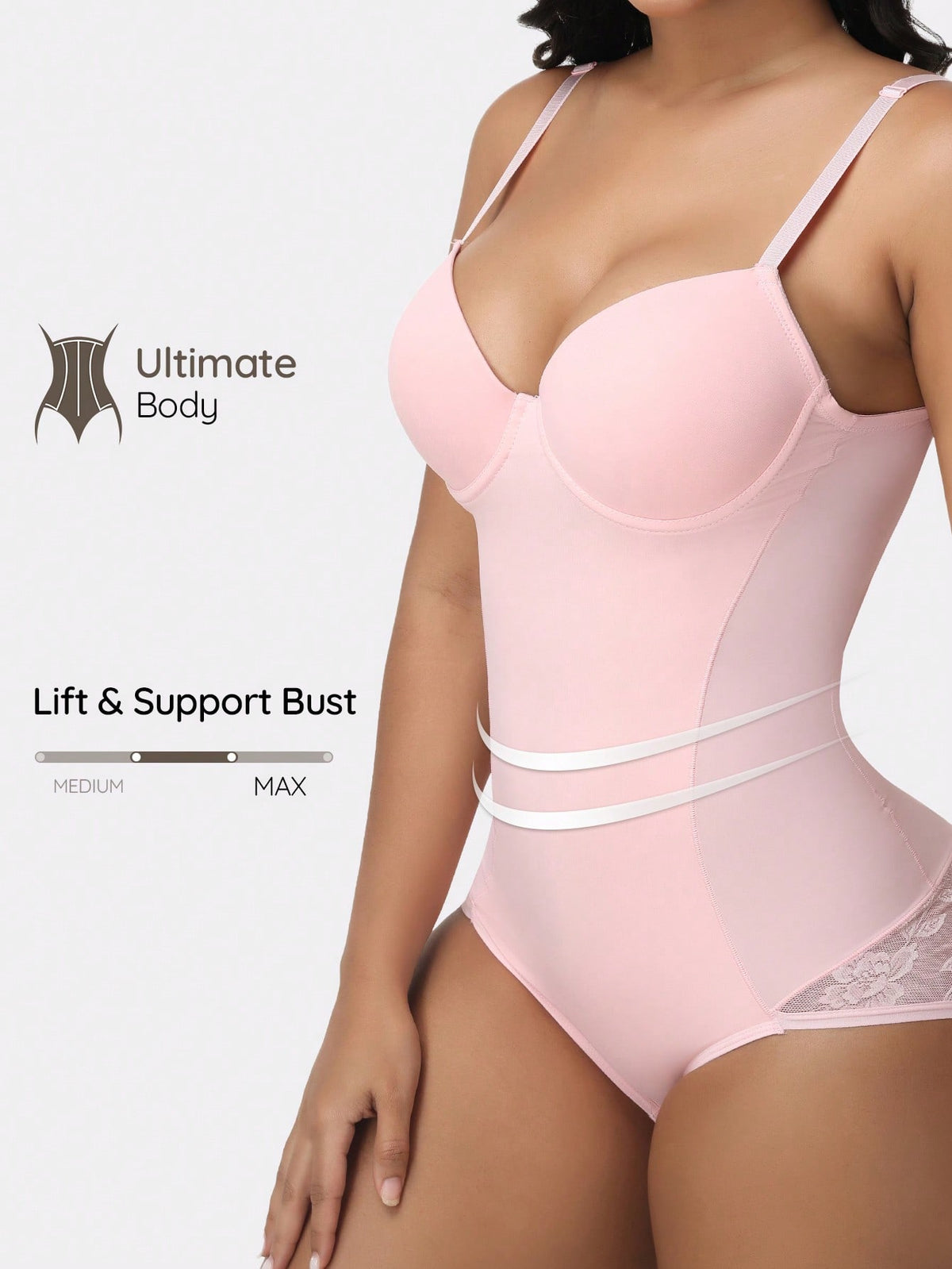 Apricot backless shapewear teddy bodysuit featuring contrast lace trim, non-removable padding, and underwire support.