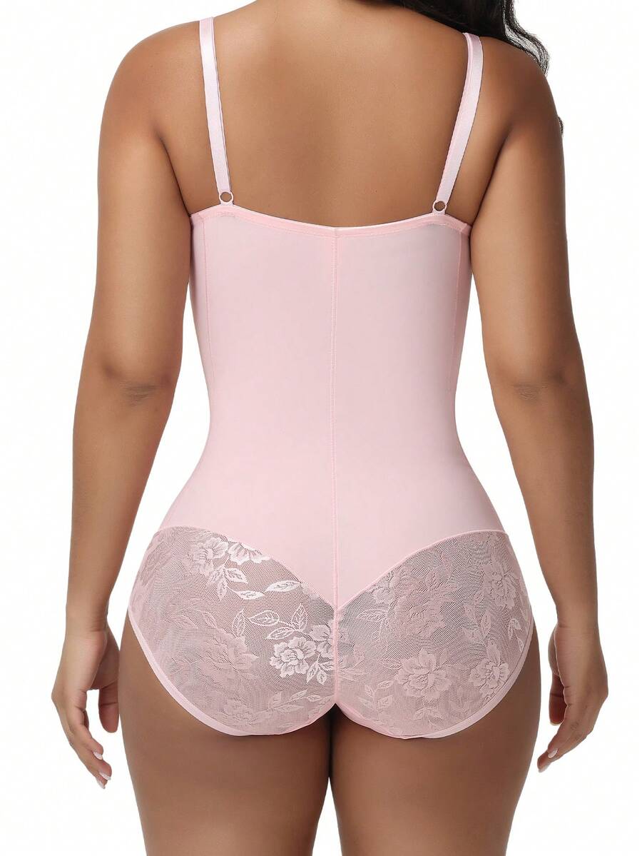 Apricot backless shapewear teddy bodysuit featuring contrast lace trim, non-removable padding, and underwire support.