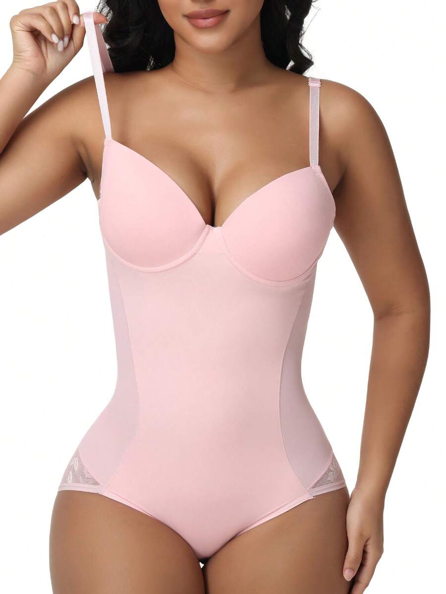 Apricot backless shapewear teddy bodysuit featuring contrast lace trim, non-removable padding, and underwire support.