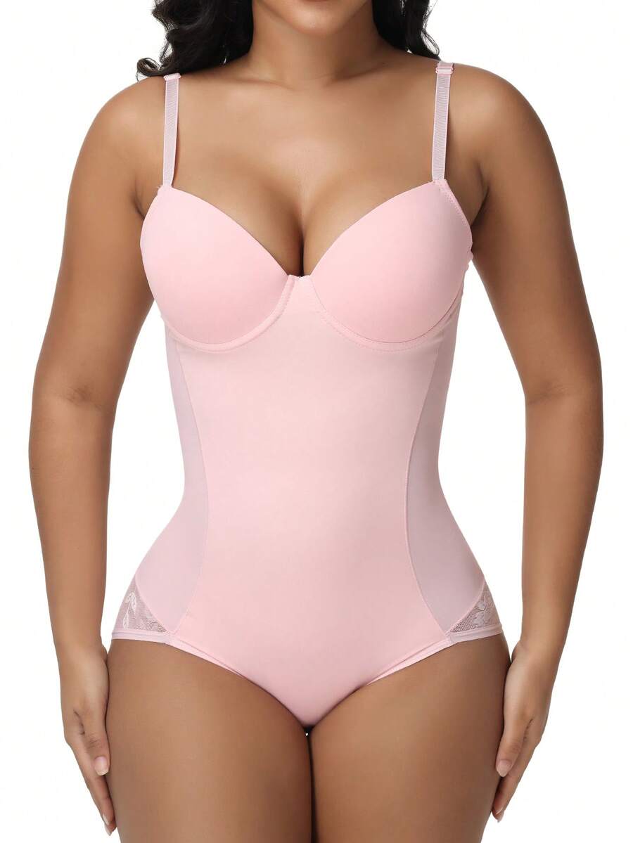 Apricot backless shapewear teddy bodysuit featuring contrast lace trim, non-removable padding, and underwire support.