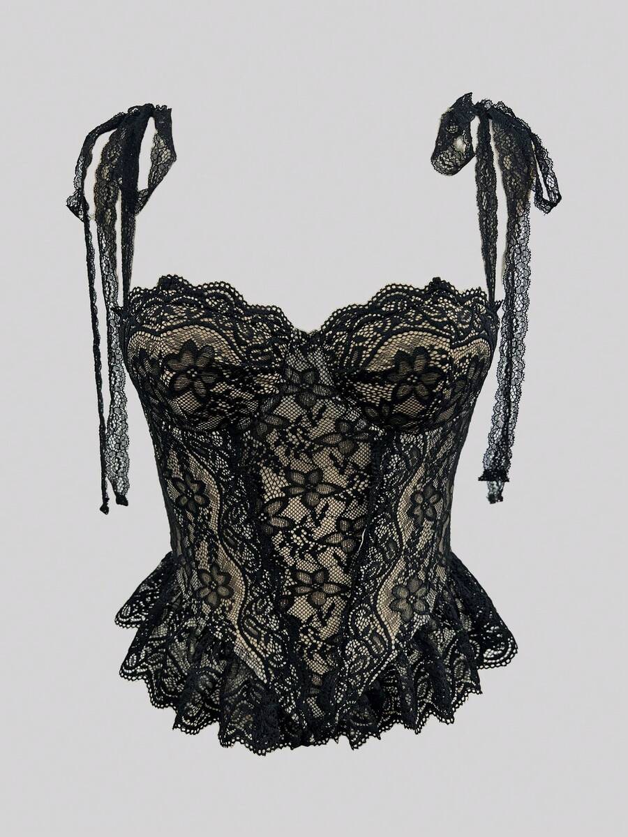 Women's lace camisole top featuring a boned bodice, sweetheart neckline, wide straps, and an asymmetrical crop hem.