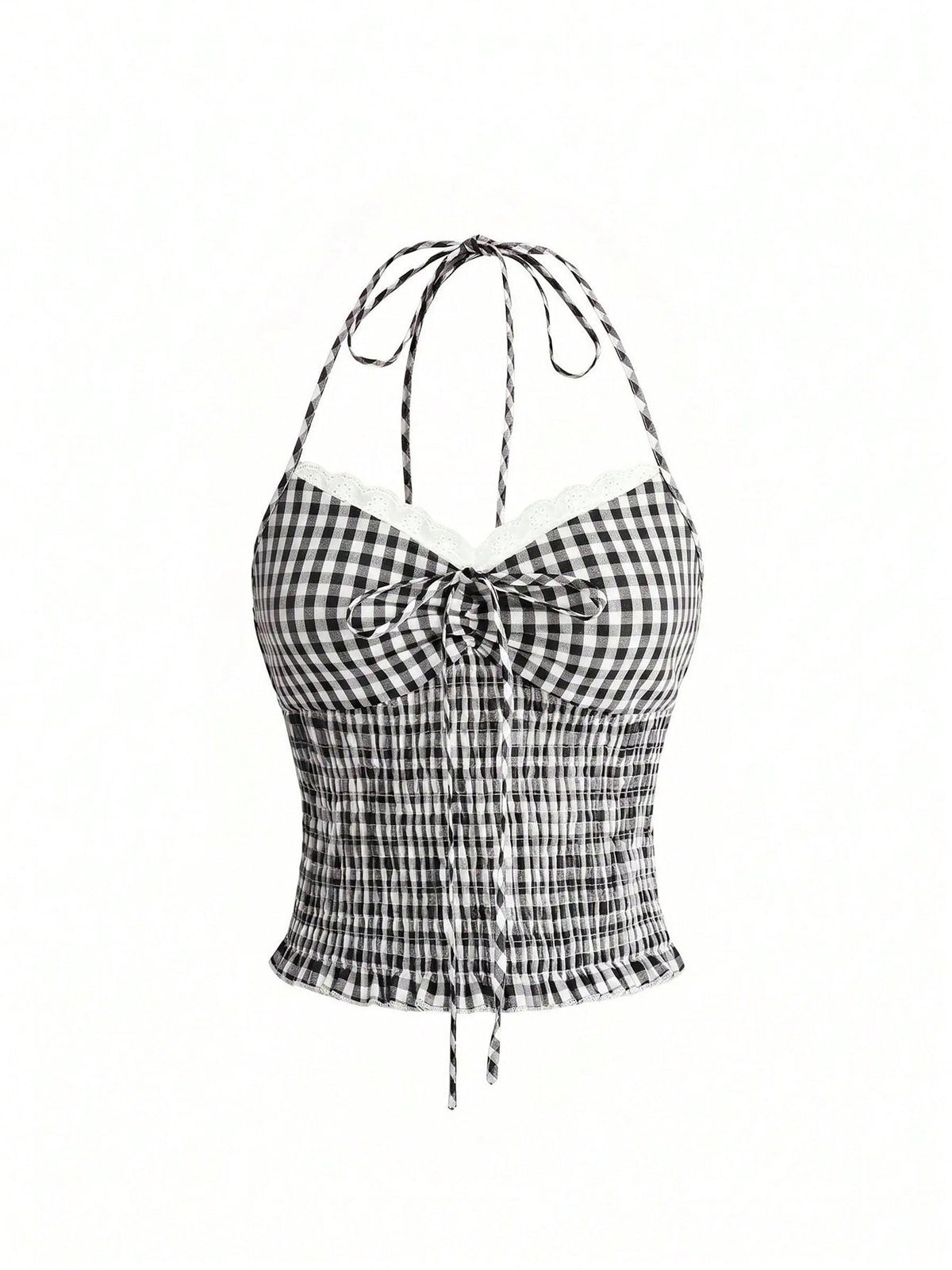 Black plaid halter crop tank top for women featuring a bow detail and slim fit design.