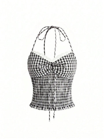 Black plaid halter crop tank top for women featuring a bow detail and slim fit design.