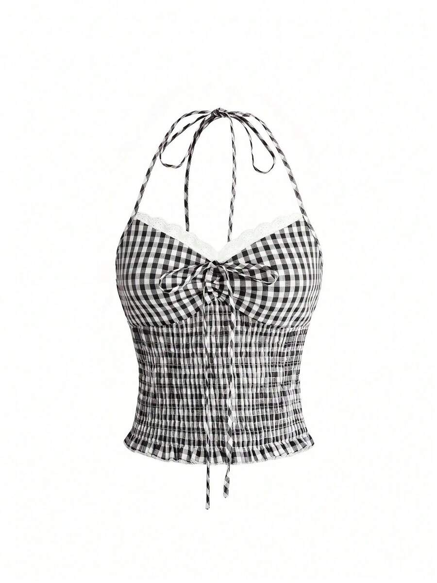 Black plaid halter crop tank top for women featuring a bow detail and slim fit design.