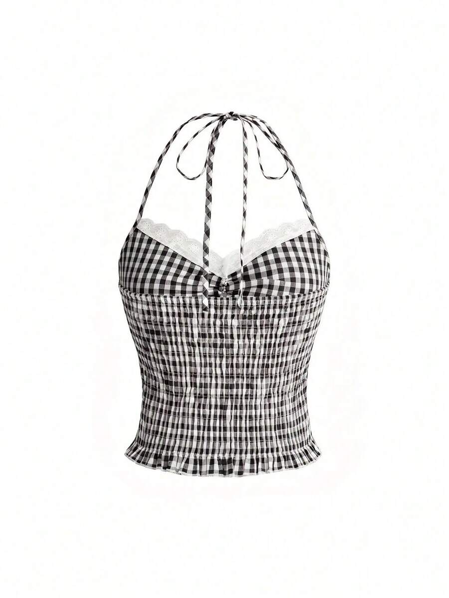 Black plaid halter crop tank top for women featuring a bow detail and slim fit design.