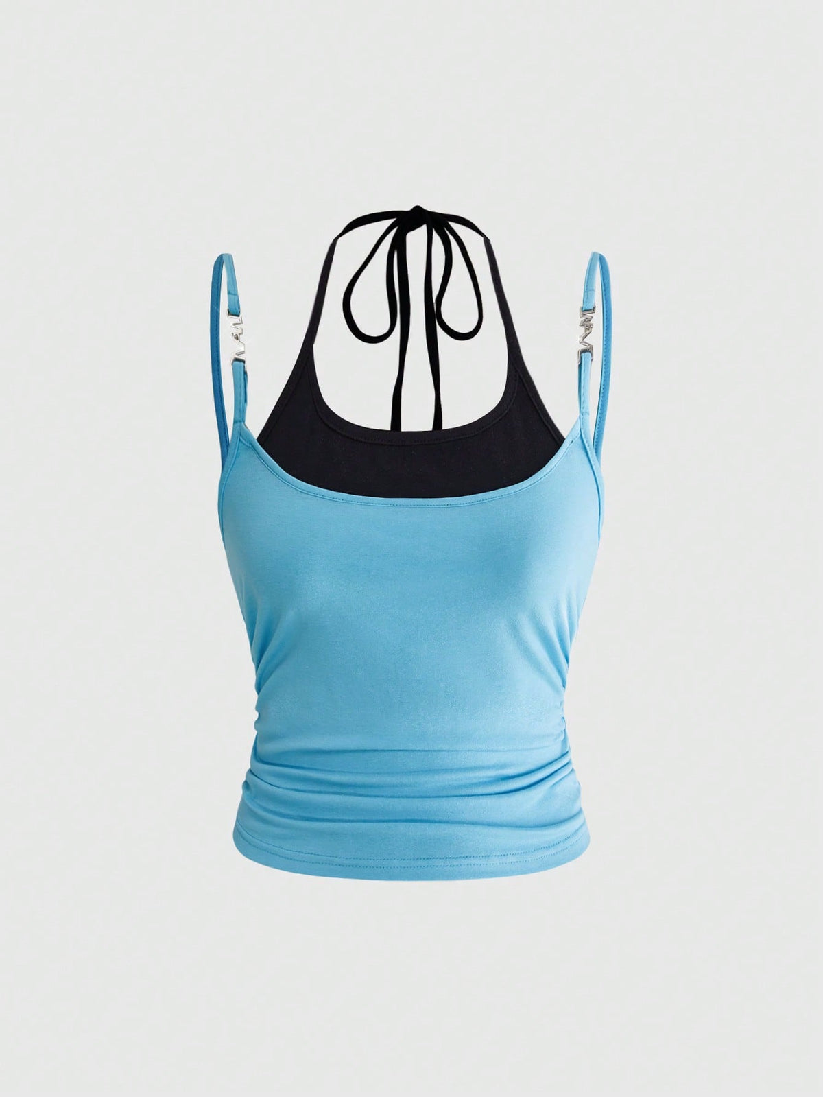 Black halter crop tank top featuring lace-up front details, ruched texture, eye appliques, and matching detached arm sleeves.