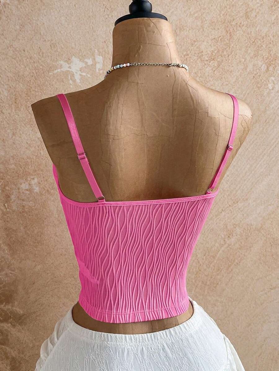 Women's black molded cup camisole top with scallop detailing and spaghetti straps.