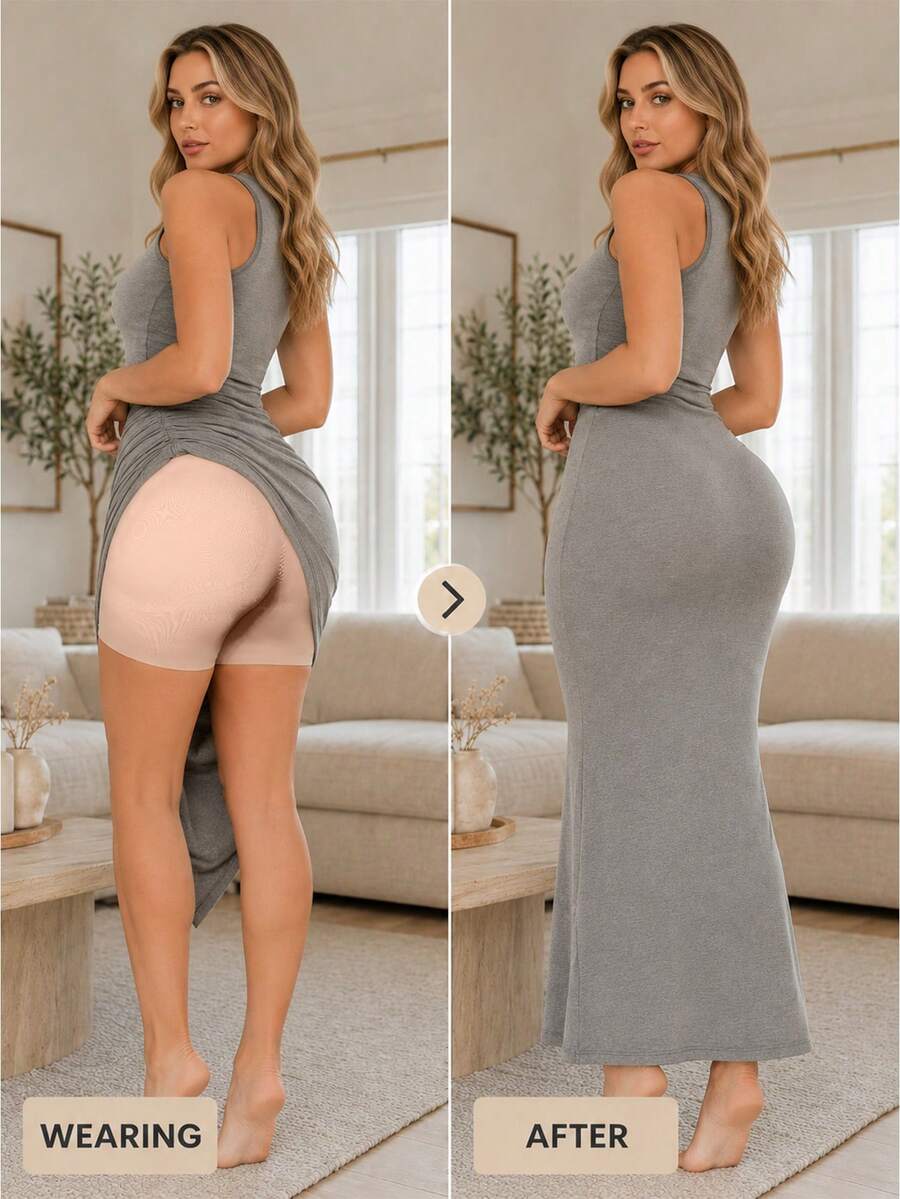 Women's black seamless waist trainer shorts featuring tummy control and butt lifting pads