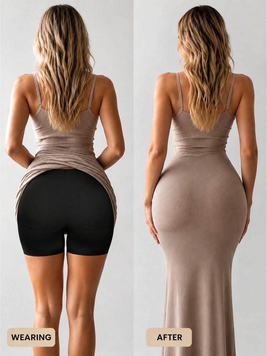 Women's black seamless waist trainer shorts featuring tummy control and butt lifting pads