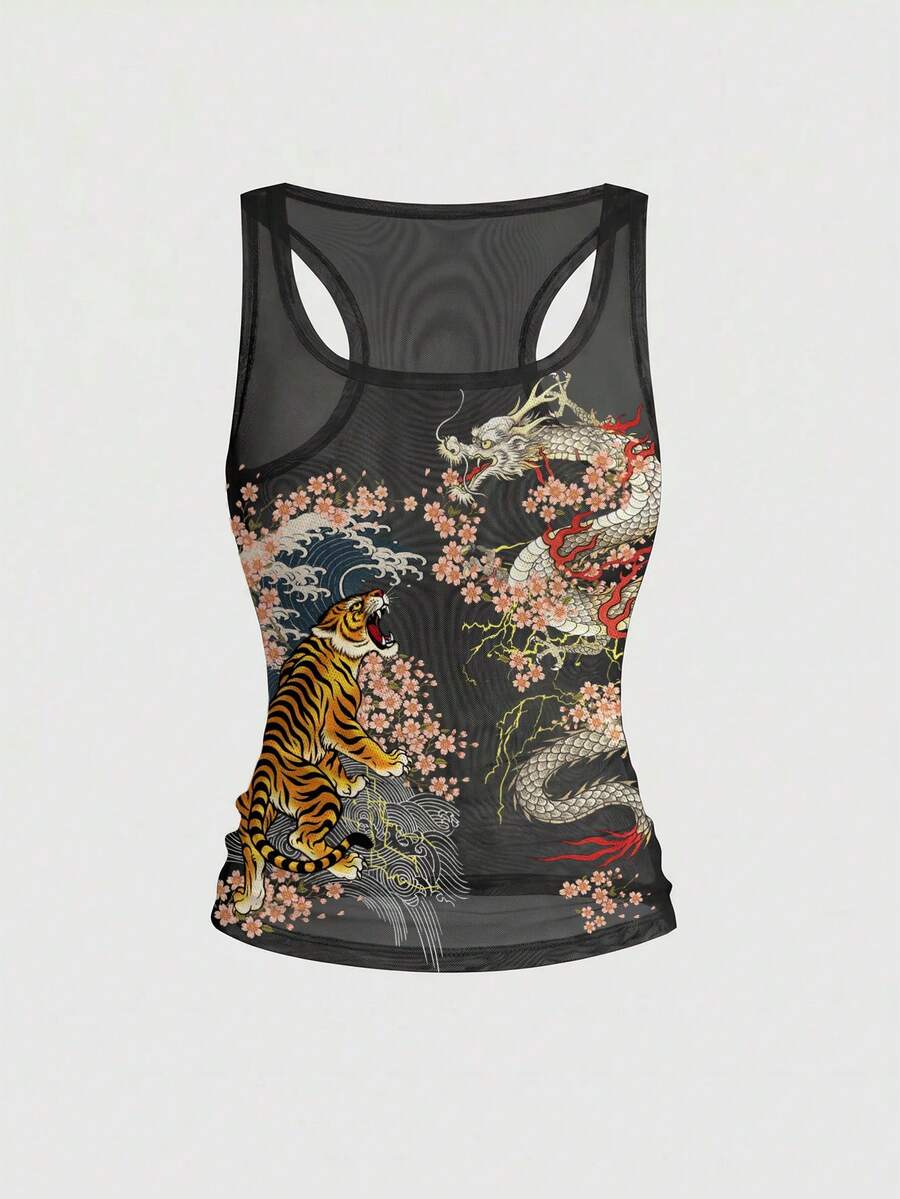 Women's slim fit tank top featuring a tiger dragon folk print, square neckline, cut out detail, and sleeveless cut in beige knitted fabric.