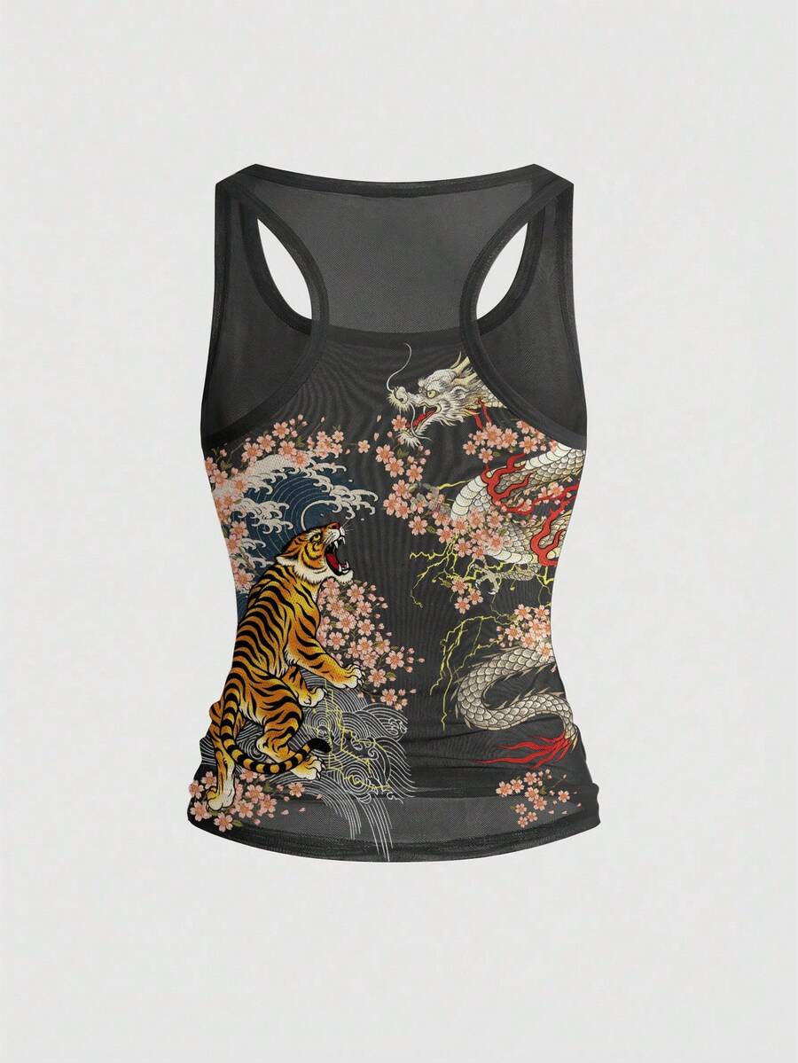 Women's slim fit tank top featuring a tiger dragon folk print, square neckline, cut out detail, and sleeveless cut in beige knitted fabric.