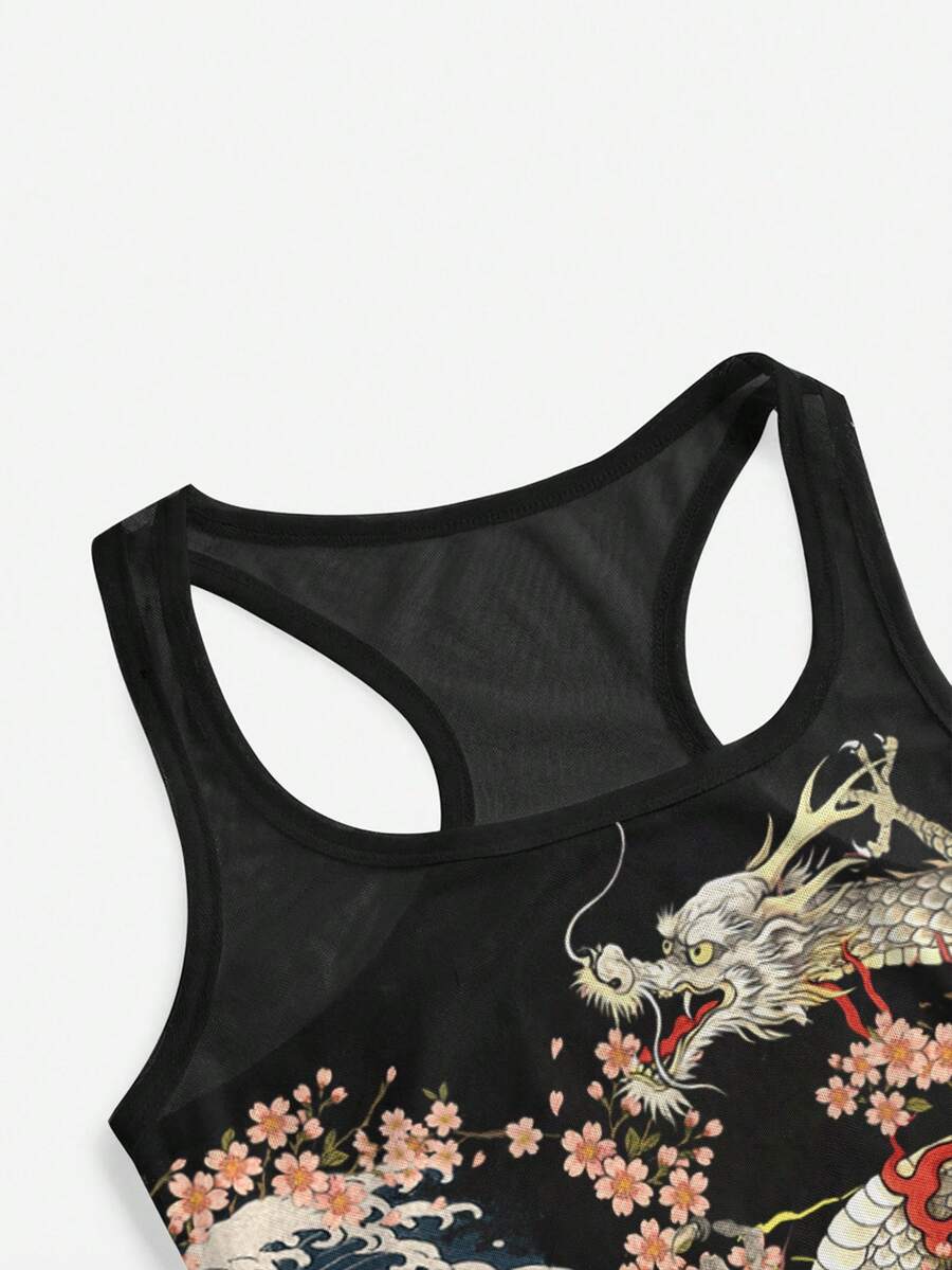 Women's slim fit tank top featuring a tiger dragon folk print, square neckline, cut out detail, and sleeveless cut in beige knitted fabric.