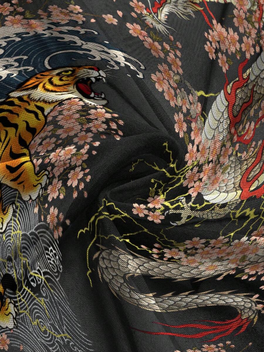 Women's slim fit tank top featuring a tiger dragon folk print, square neckline, cut out detail, and sleeveless cut in beige knitted fabric.