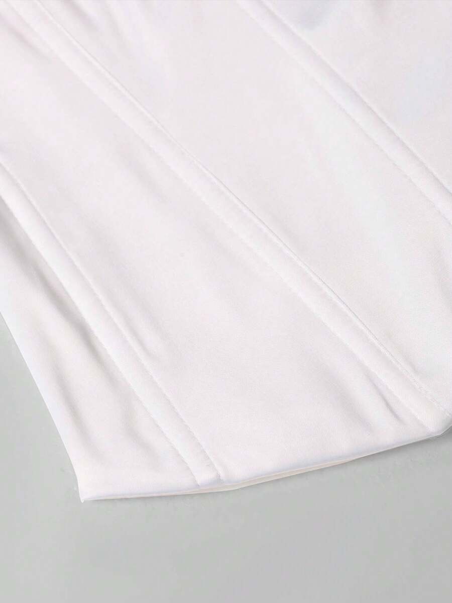 White strapless satin corset crop top for women featuring internal boning, a lace-up backless detail, and an asymmetrical hem.