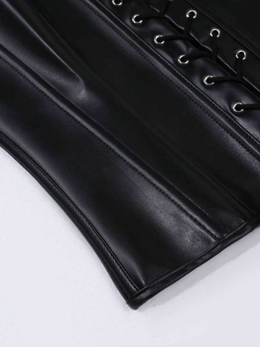 Black PU leather backless halter corset crop top featuring front lace-up detailing and slit hem.