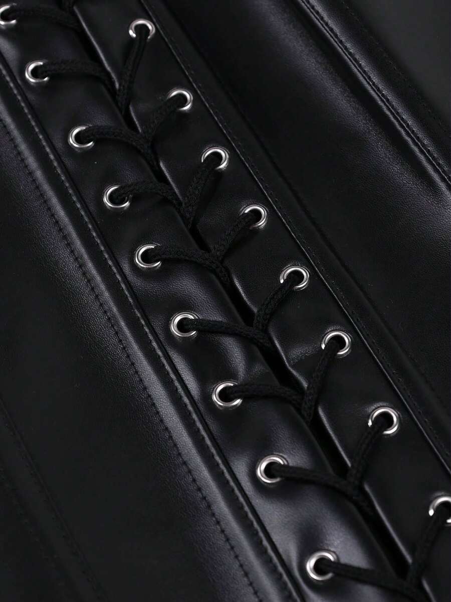 Black PU leather backless halter corset crop top featuring front lace-up detailing and slit hem.