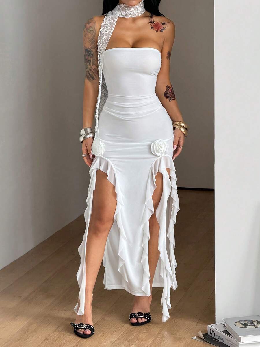 White strapless bodycon midi dress with split thigh and slim fit design for women