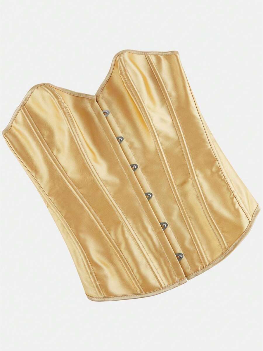 Blue satin bustier corset with front closure, back lace-up detail, and boned shaping for a retro-inspired party look.