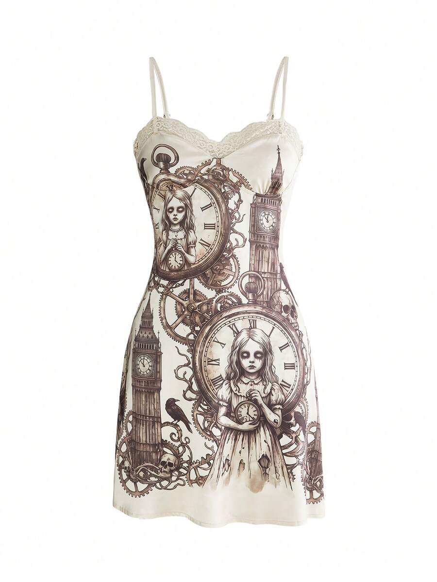 Women's champagne satin cami mini dress featuring vintage goth print, flared hem, cup details, and spaghetti straps.