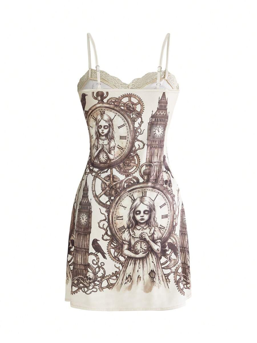 Women's champagne satin cami mini dress featuring vintage goth print, flared hem, cup details, and spaghetti straps.