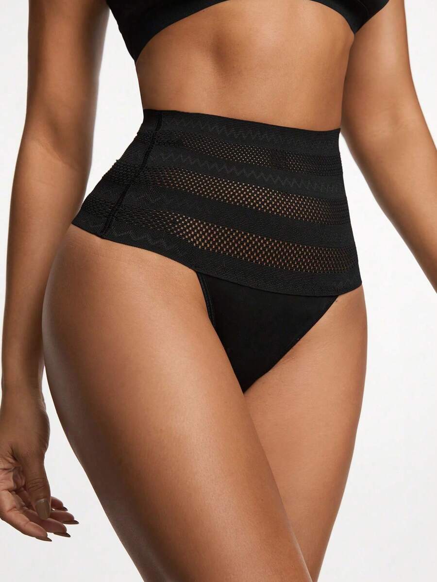 Women's apricot super high waist body shaping briefs featuring ultra light waist support and geometric pattern.