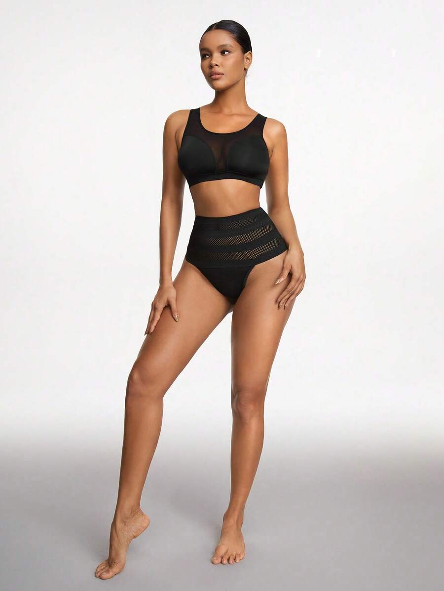 Women's apricot super high waist body shaping briefs featuring ultra light waist support and geometric pattern.