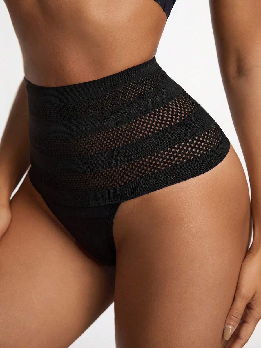 Women's apricot super high waist body shaping briefs featuring ultra light waist support and geometric pattern.