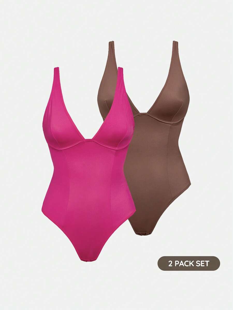 Apricot backless shapewear bodysuit with thong cut, cup details, and high-stretch fabric for light tummy support.