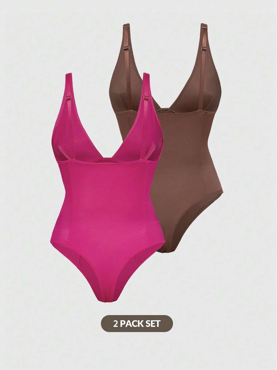 Apricot backless shapewear bodysuit with thong cut, cup details, and high-stretch fabric for light tummy support.