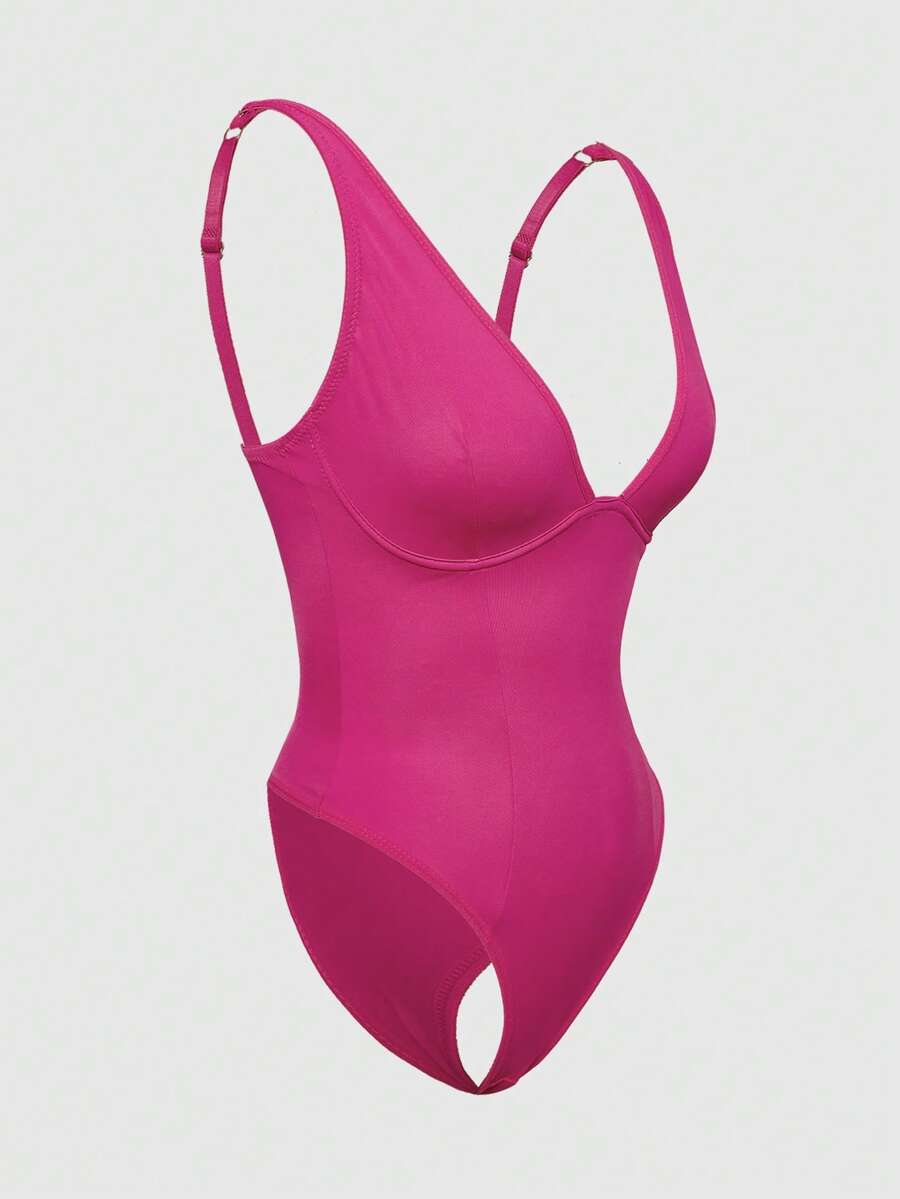 Apricot backless shapewear bodysuit with thong cut, cup details, and high-stretch fabric for light tummy support.