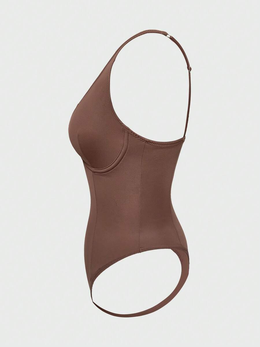 Apricot backless shapewear bodysuit with thong cut, cup details, and high-stretch fabric for light tummy support.