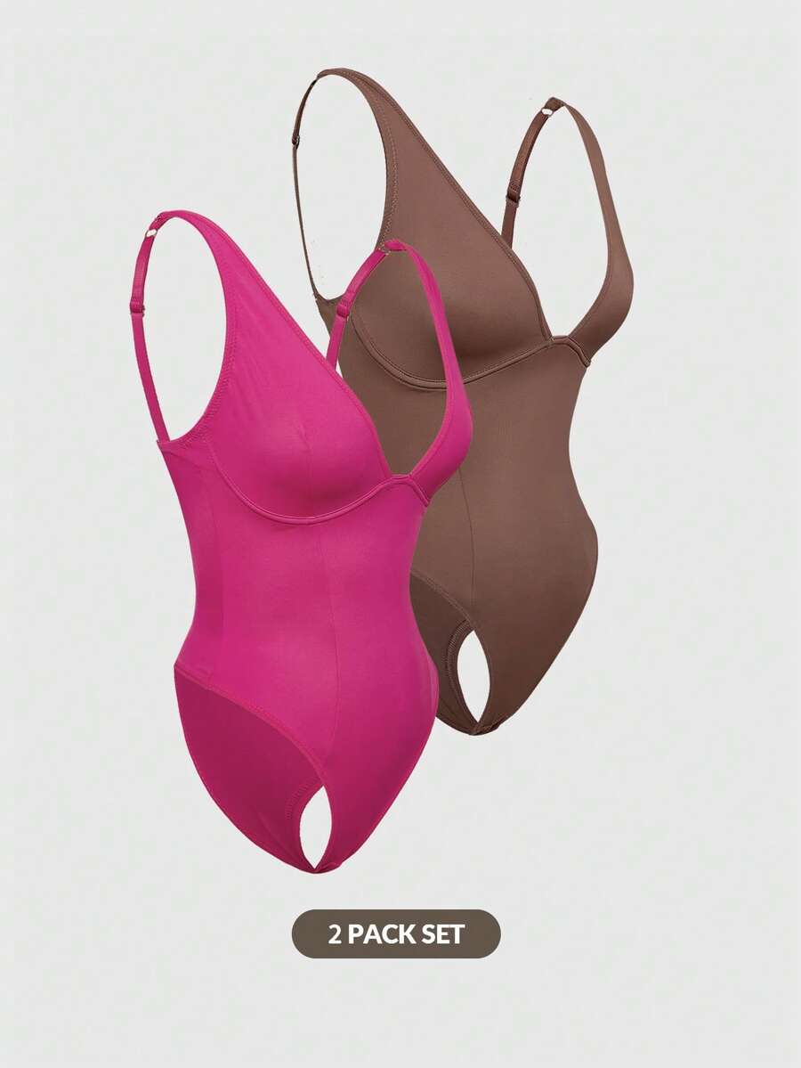 Apricot backless shapewear bodysuit with thong cut, cup details, and high-stretch fabric for light tummy support.