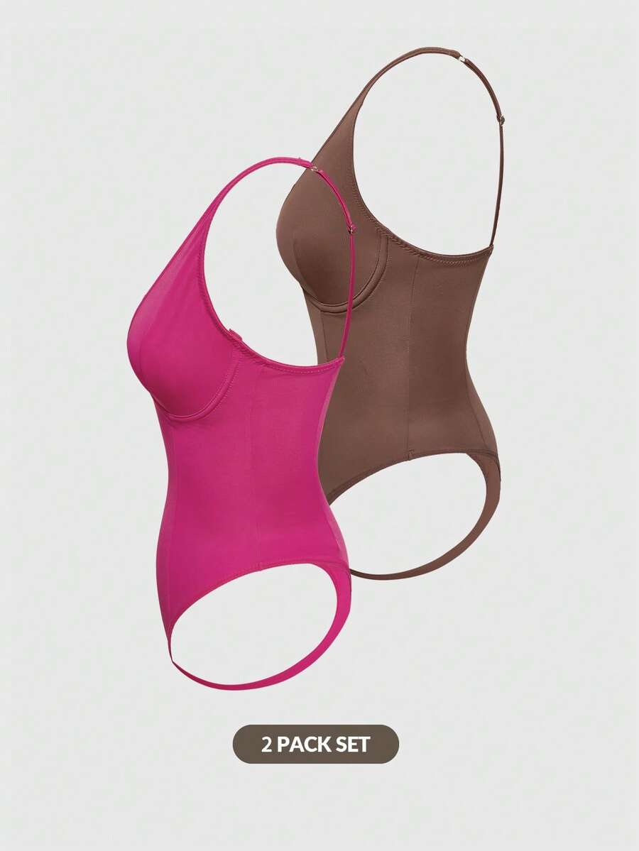 Apricot backless shapewear bodysuit with thong cut, cup details, and high-stretch fabric for light tummy support.